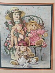 Vintage Barbara Mock Girl with Bunny Rabbits ~~ TEA PARTY Framed Art