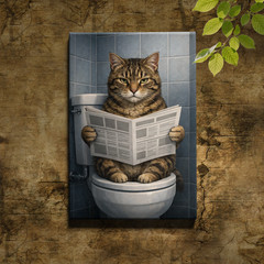 Cat Bathroom Humor Canvas Art Reading Newspaper On Toilet Serious
