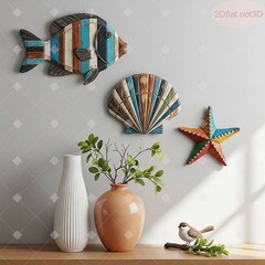 Coastal Style 3PCS Wooden Wall Decor Set Combining Sea Fish Shells and Starfish