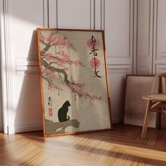 Japanese Black Cat Wall Art Ukiyoe Cherry Blossom Poster Print
