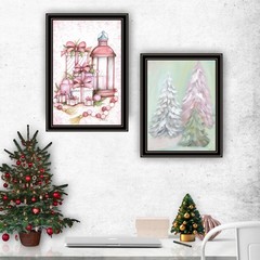 Trendy Decor 4U 2- Piece Vignette Pink Candy Land Christmas Trees Black Framed