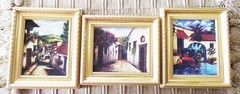 (3) MINIATURE VILLAGE ACRYLIC PRINTS TEXTURED CANVAS GOLD FRAME DECORATIVE ART