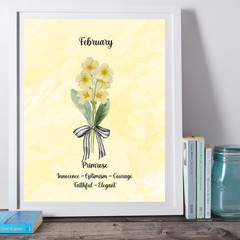 February Birth Flower Primrose Yellow Watercolor Print Decor Gift 8×10 UNFRAMED