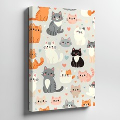 Cute Cartoon Cats Pattern Canvas Wall Art Nursery Kids Room Animal Print Home