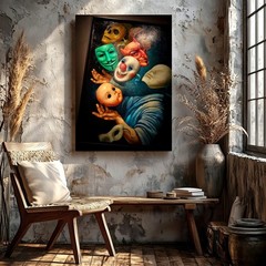 Canvas Surreal Mask Painting Clown Devil Skull Figure Framed Living Room Print