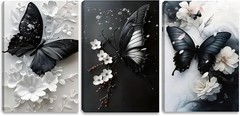 Butterfly Canvas 3pc 12×16 White Black Art