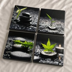 SUMGAR 4-Piece Zen Stone and Green Leaf Canvas Wall Art Set