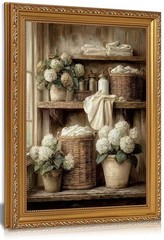 Gold Framed Farmhouse Hydrangea Wall Art, Vintage Rustic Wicker Basket Bathro…