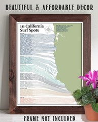 111 California Surf Spots Map Coastal Wave Guide Modern Surf Wall Art