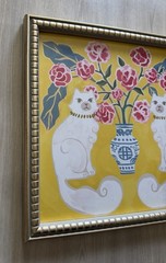 SAPNA SHAH Blue White Chinoiserie Pink Flower Filled Vase Cat Framed