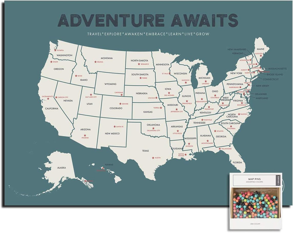 – USA State Travel Adventure Map Poster – Includes Push Pins – Blue / 24 x 17 In