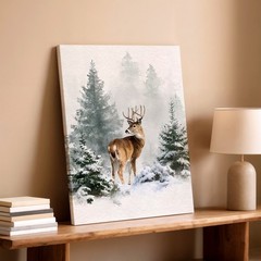 Wall Art Deer in Snowy Pine Forest Winter Wildlife Watercolor Print Home Decor