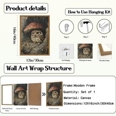 Framed Vintage Owl Canvas Wall Art, Cute Bird Mushroom Pictures Wall Decor, C…