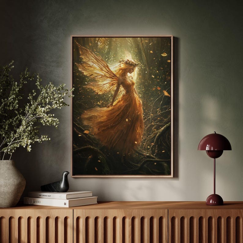 Framed Fantasy Fairy Print, Multicolor Vertical Wall Art for Adults