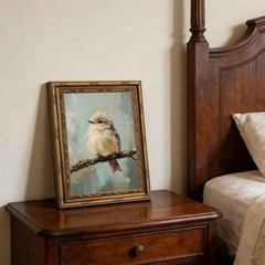 Gold Framed Bird Canvas Wall Art Vintage Beige Sparrow 11L x 9W, bird