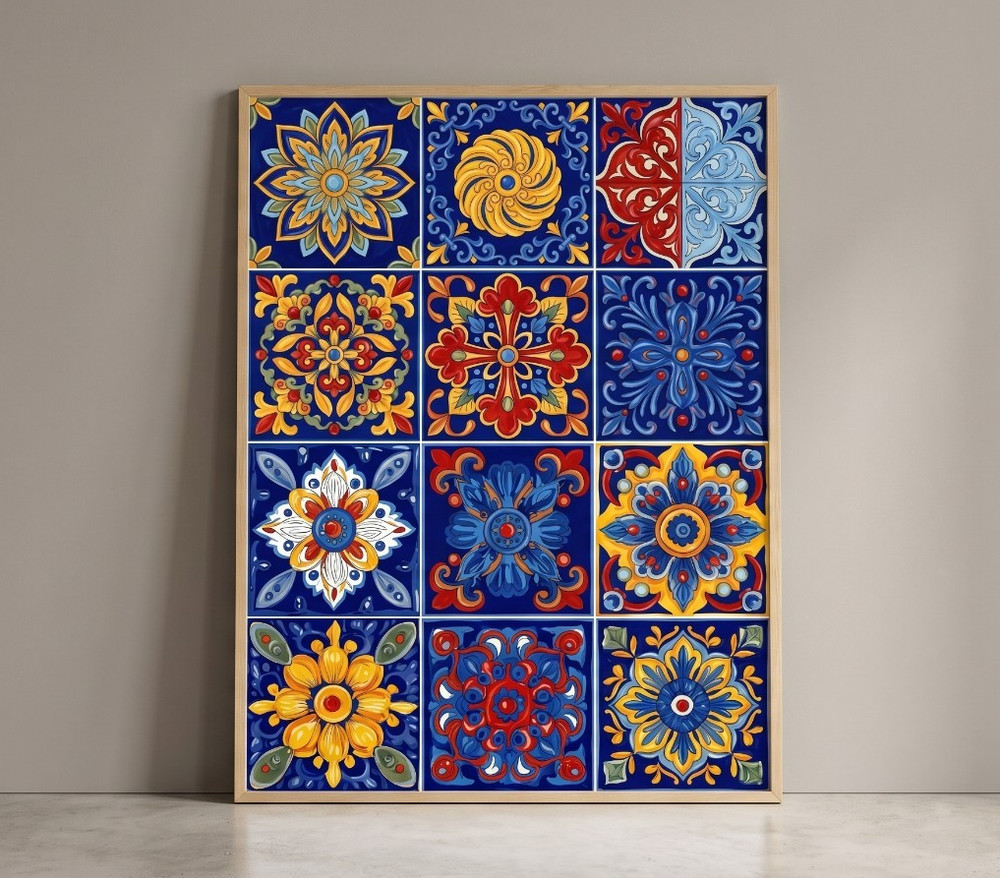 Mediterranean Tile Poster Decor Blue Yellow Floral Mosaic Wall Art Kitchen Print