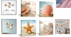 Elegant Beach Seashell Canvas Art: Coastal 4-Panel Wall Décor for Bathrooms