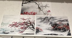 12 x 18 Card Stock Set of 3 Asian Landscape Cherry Blossom Multicolor