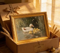 Vintage Gold Framed Duck Family Canvas Wall Art, Countryside Ducks in River P…