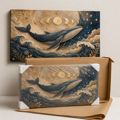 Celestial Whale Canvas Wall Art Moon Phase Ocean Nautical Blue Gold Wall Decor