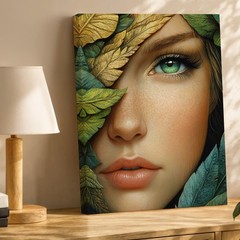 Green Eyed Woman Face With Gold And Green Leaves Canvas Wall Art Decor Art Print