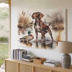 Brown German Shorthaired Pointer Dog and Mallard Duck Canvas Wall Art Print