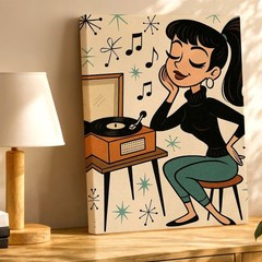 Wall Art Retro Woman Listening to Vinyl Record Player Mid Century Music Print
