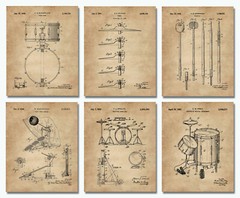 Set of 6 Drum Patent Prints (8×10) Wall Art Drummer Gifts Room Decor Music Snare