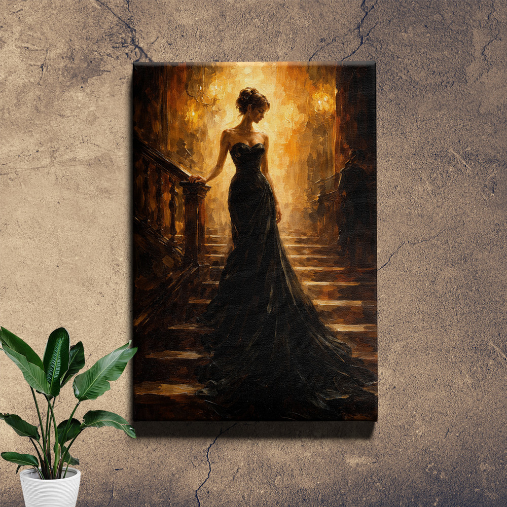 Elegant Woman Black Dress Golden Staircase Framed Canvas Print 16x24inch