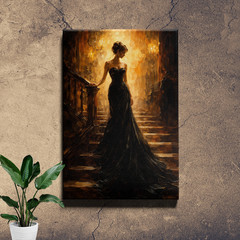 Elegant Woman Black Dress Golden Staircase Framed Canvas Print 16x24inch