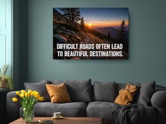 Motivational Canvas Difficult Roads Mountain Sunset Quote Wall Art Decor
