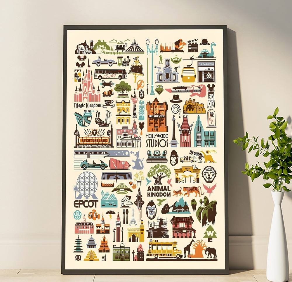 Disney Parks Icons Poster, Theme Park Travel Wall Art, Magic Kingdom