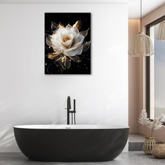 Modern Floral Wall Art- White and Gold Rose Flower Bathroom Wall Decor- Black…