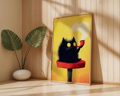 Funny Black Cat Art Print Whimsical Playful Pet Poster Cat Lover Gift Decor