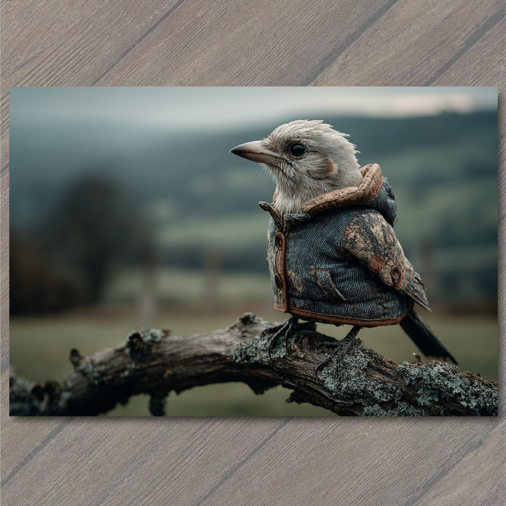 Art Print Bird Perched Tree Branch Wearing Tiny Jacket Woodland Autumn Mood