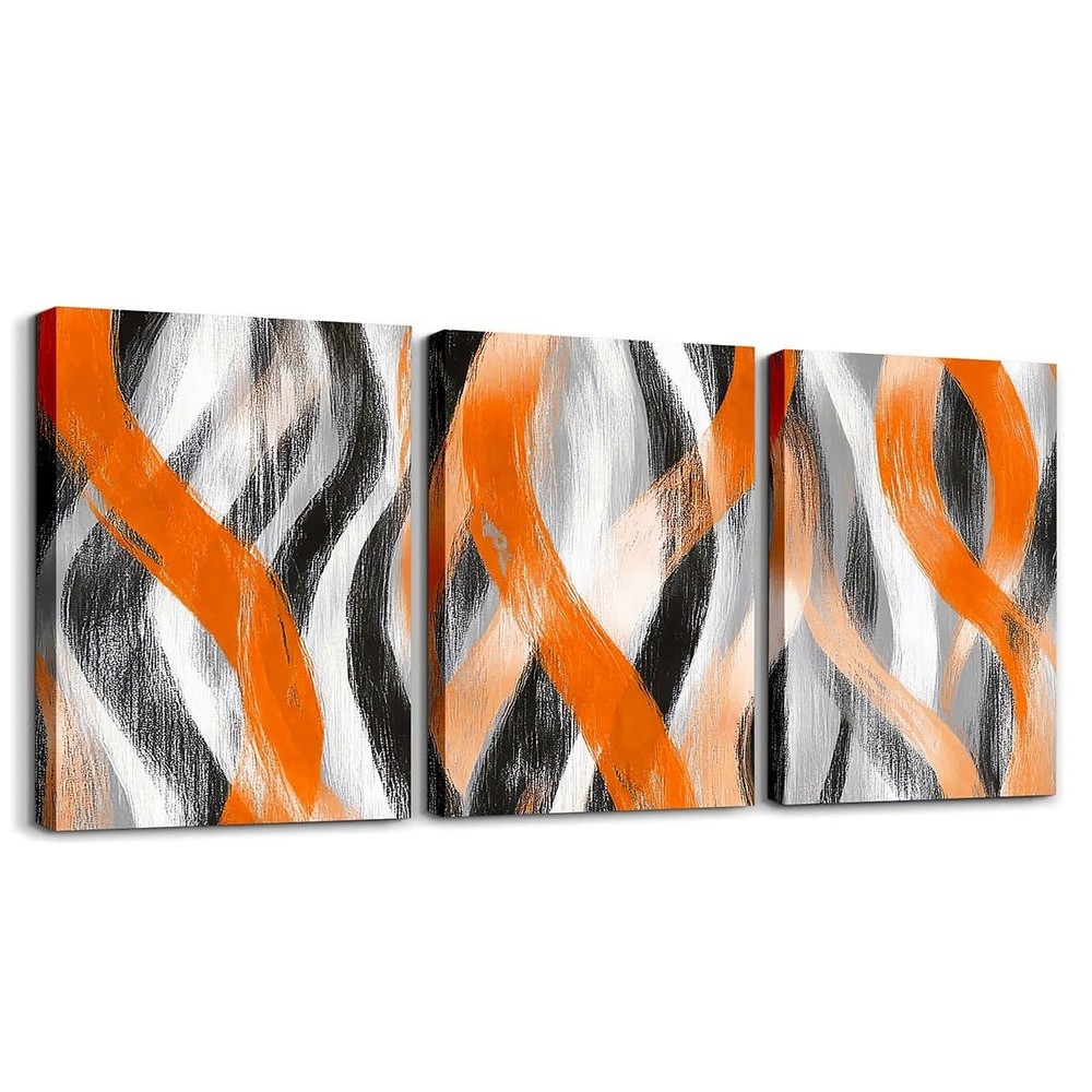 Geometric Stripes Wall Art 3 Piece Modern Abstract Wall Decor Black Grey Oran…