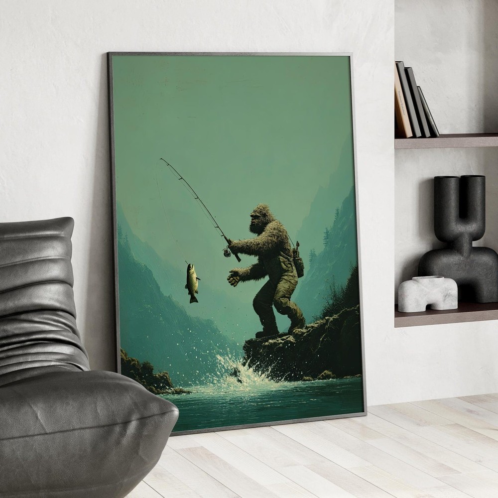 Fly Fishing Bigfoot Poster, Funny Sasquatch Art, Rustic Cabin Wall Decor