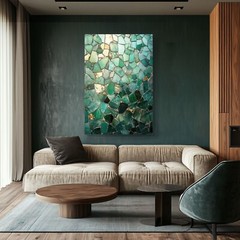Emerald Green Mosaic Abstract Painting Print on Framed Canvas Wall Art Geometric