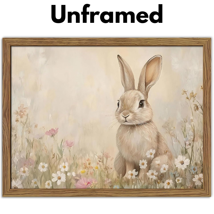 Easter Wall Art Poster Print, Rabbit in Spring Meadow with Flowers Canvas, Cotta
