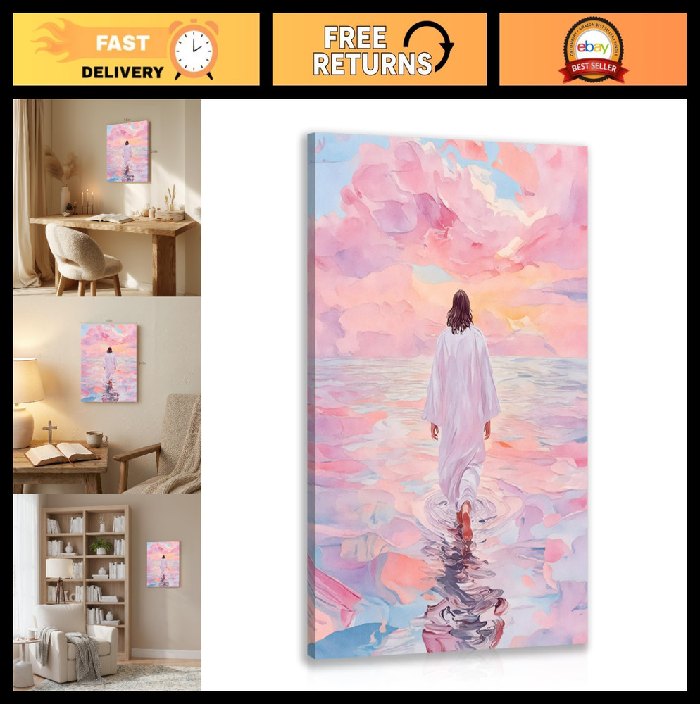 Framed Jesus Wall Art – Pink Jesus Walking on Water Canvas Decor, 12×16 Inch, Ch