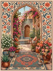 Vintage Moroccan Garden Canvas Print Islamic Architecture Poster Boho Wall Art