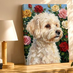 Wall Art White Dog Portrait with Roses Floral Oil Painting Style Canvas Print
