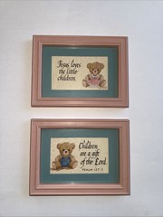 2 Vintage Teddy Bears Religious Bible Verses Baby Nursery Wall Decor Pink 6×8″