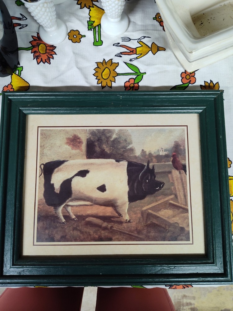 Framed Pig Farm Art Print Green Beige Black White Horizontal 10×12″