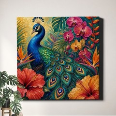 Peacock Canvas Print Colorful Floral Tropical Bird Flower Decor