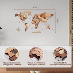 Wooden World Map 3D, Wood World Map Wall Art, Multilayered Wooden Map