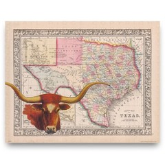 Vintage Texas State Map Poster Art Print Longhorns Cattle Rancher Home Decor