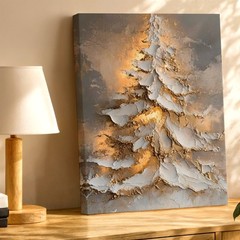 Wall Art Abstract Christmas Tree Canvas Painting Gold White Textured Home Decor