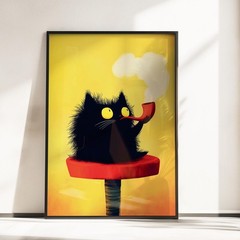 Funny Black Cat Art Print Whimsical Playful Pet Poster Cat Lover Gift Decor