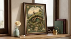 Cottagecore Hobbit House Poster Vintage Art Nouveau Fantasy Shire Wall Decor